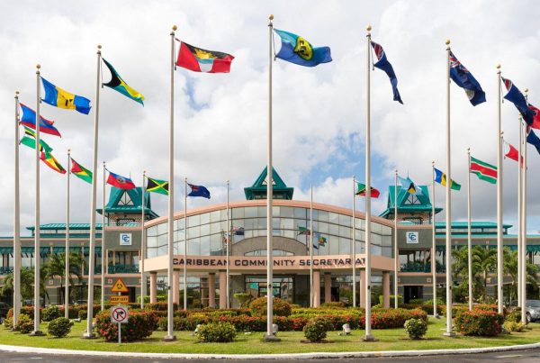 Flags outside the CARICOM Secretariat Headquarters in Georgetown, Guyana.