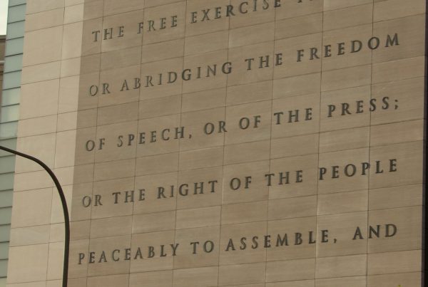 The First Amendment engraved on the former Newseum building in Washington, D.C., highlighting protections for freedom of speech and the press.