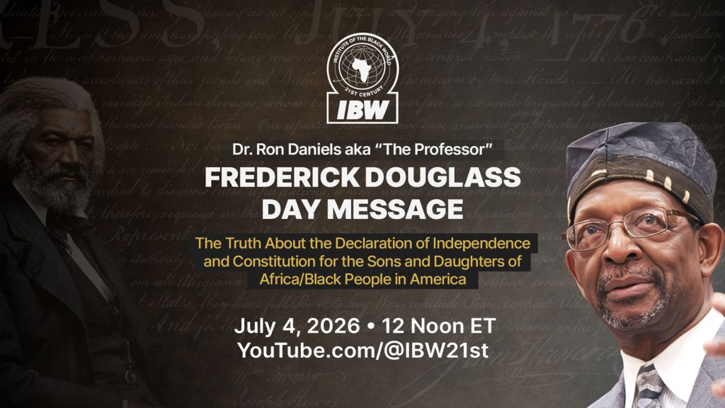 Frederick Douglass Day Message promotional graphic featuring Frederick Douglass, Dr. Ron Daniels, the presentation title, and premiere information for July 4, 2026.