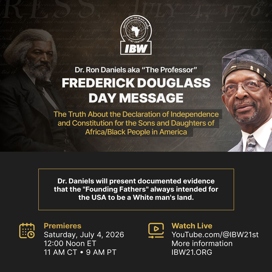 Frederick Douglass Day Message promo featuring Dr. Ron Daniels, Frederick Douglass, event details, and watch information.