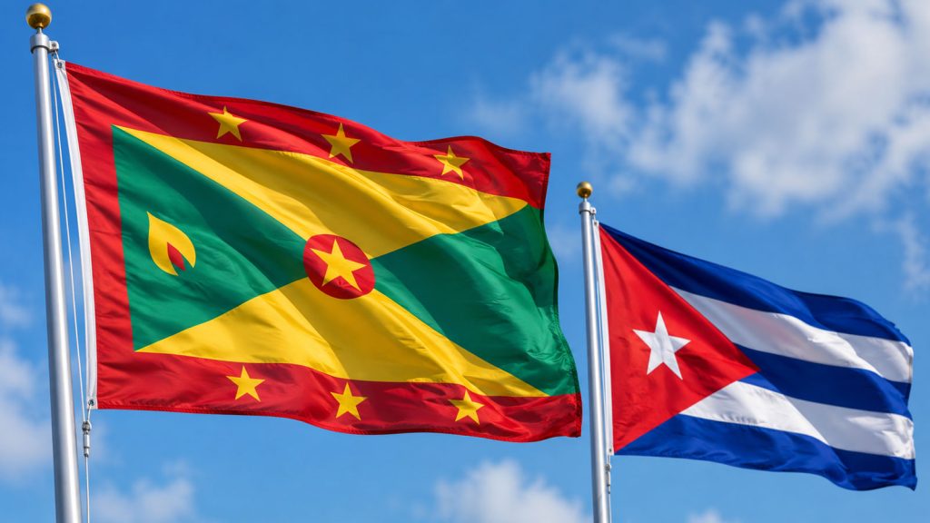 Flags of Grenada and Cuba waving side by side against a blue sky.