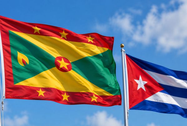 Flags of Grenada and Cuba waving side by side against a blue sky.
