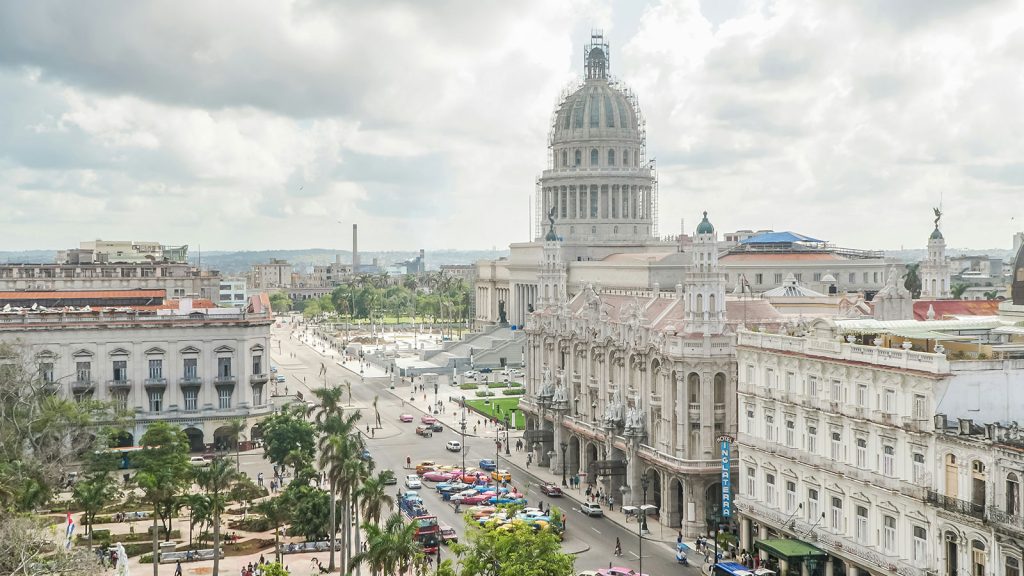 Aerial view of central Havana, Cuba, with El Capitolio and surrounding city streets.