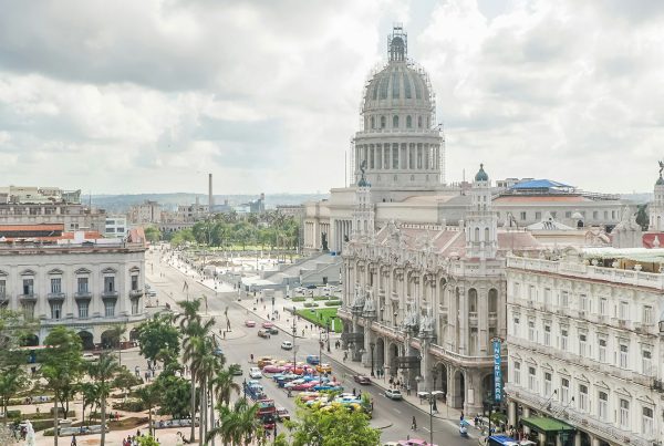 Aerial view of central Havana, Cuba, with El Capitolio and surrounding city streets.