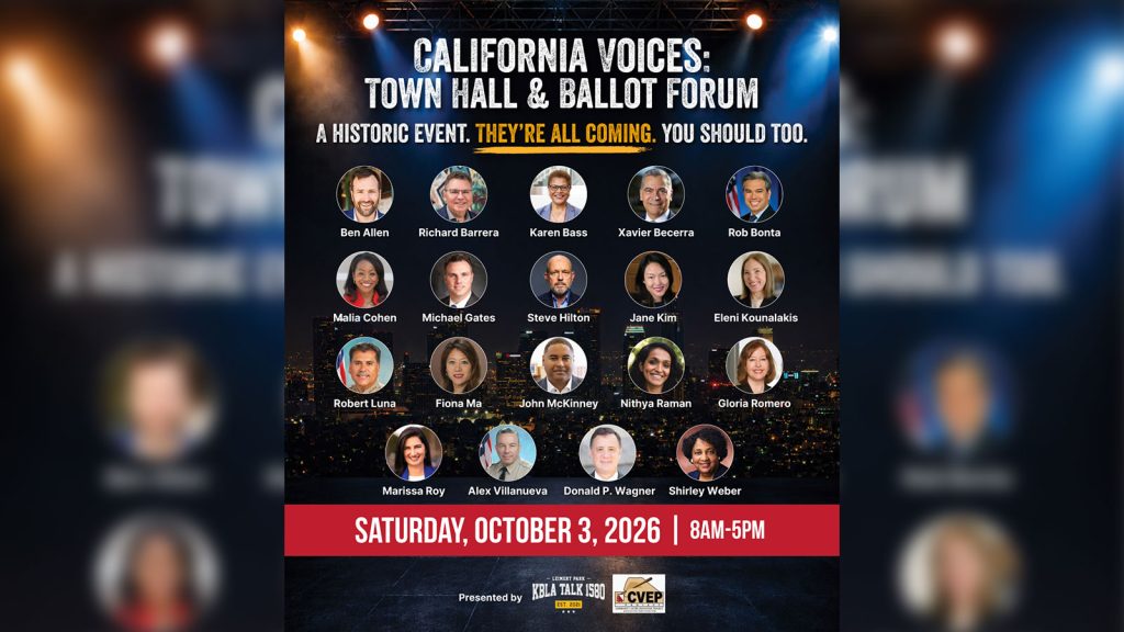 Flyer: KBLA Talk 1580 will convene public officials, candidates and civic leaders for the California Voices Town Hall & Ballot Forum on Saturday, October 3, 2026 at SEED LA School in Los Angeles.